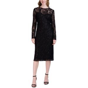 NEW Donna Ricco Black Lace Sequin Embellished Midi Party Sheath Dress Size 2